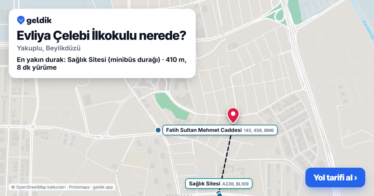 Where is Evliya Çelebi İlkokulu: map with its location and the nearest stops, with walking times