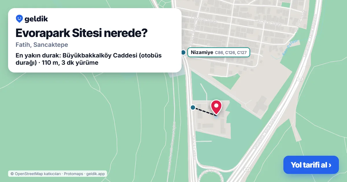 Evorapark Sitesi nerede: haritada konumu ve en yakın duraklar, yürüme süreleriyle