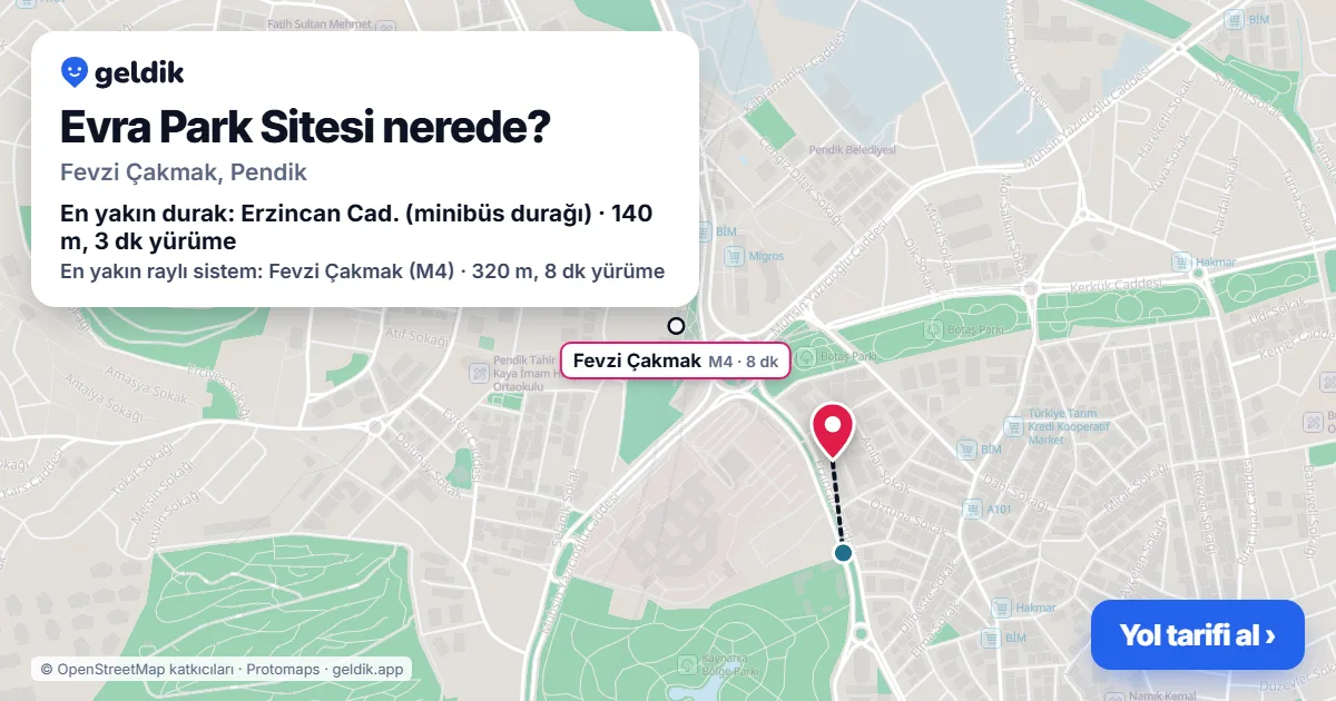 Where is Evra Park Sitesi: map with its location and the nearest stops, with walking times