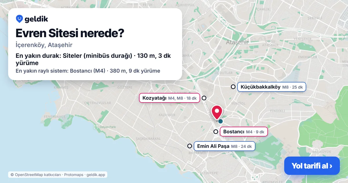Where is Evren Sitesi: map with its location and the nearest stops, with walking times