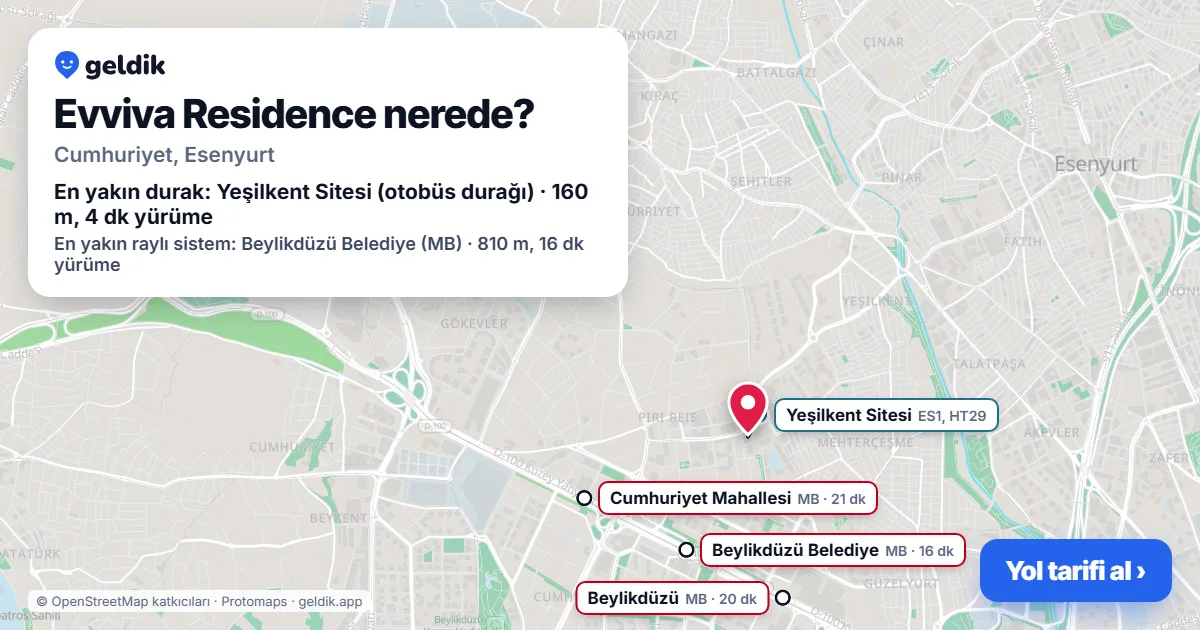 Evviva Residence nerede: haritada konumu ve en yakın duraklar, yürüme süreleriyle