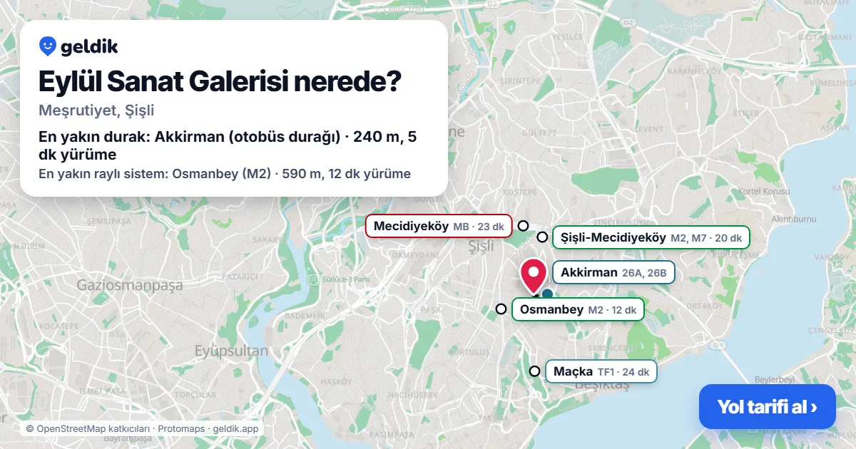 Eylül Sanat Galerisi nerede: haritada konumu ve en yakın duraklar, yürüme süreleriyle