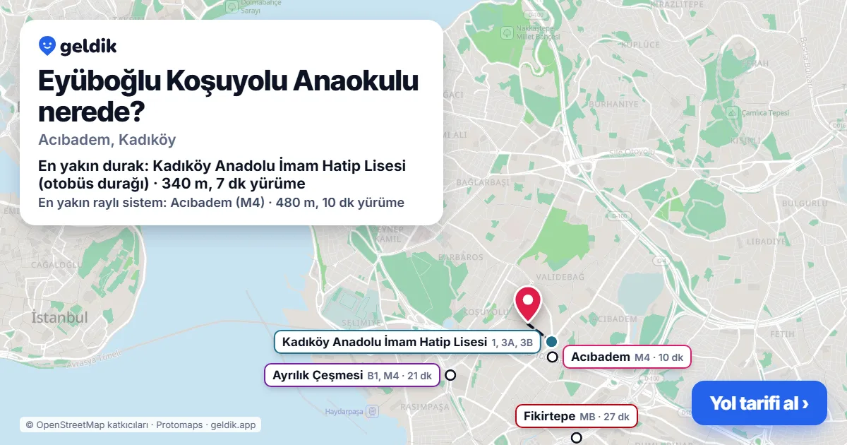 Where is Eyüboğlu Koşuyolu Anaokulu: map with its location and the nearest stops, with walking times