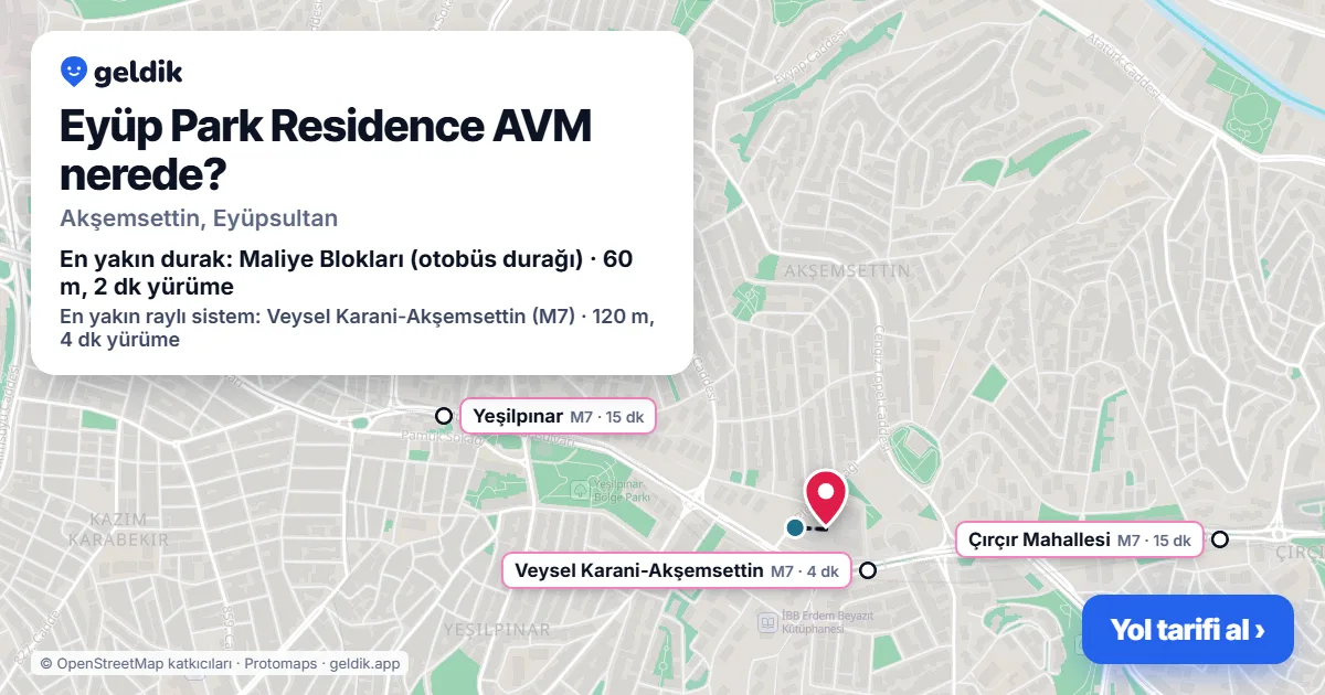 Eyüp Park Residence AVM nerede: haritada konumu ve en yakın duraklar, yürüme süreleriyle