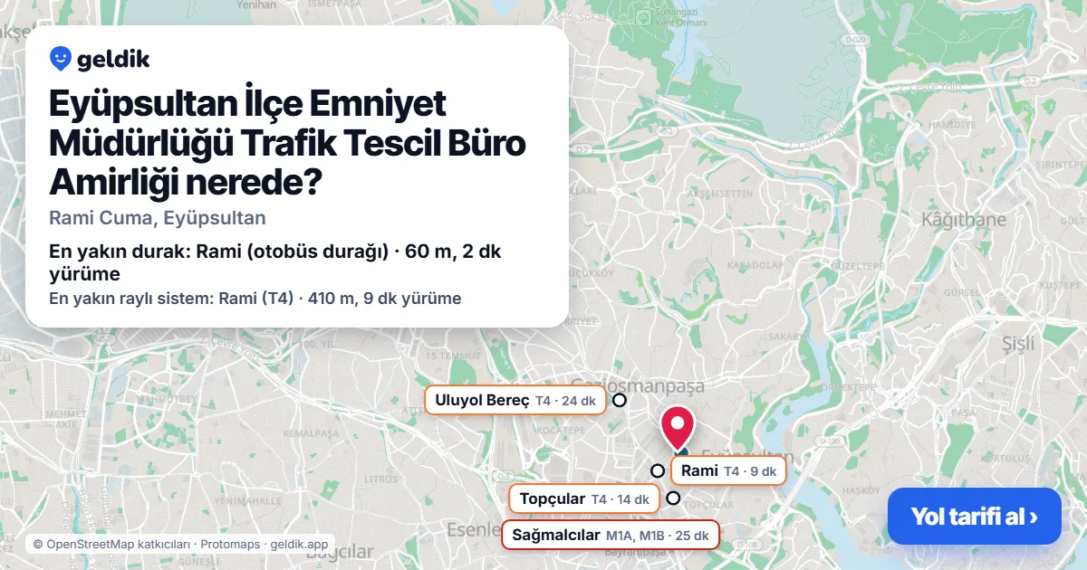 Eyüpsultan İlçe Emniyet Müdürlüğü Trafik Tescil Büro Amirliği nerede: haritada konumu ve en yakın duraklar, yürüme süreleriyle
