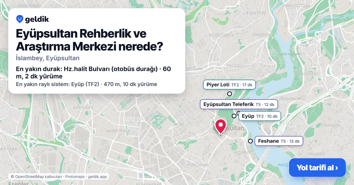 Where is Eyüpsultan Rehberlik ve Araştırma Merkezi: map with its location and the nearest stops, with walking times