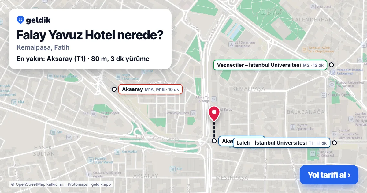 Falay Yavuz Hotel nerede: haritada konumu ve en yakın duraklar, yürüme süreleriyle