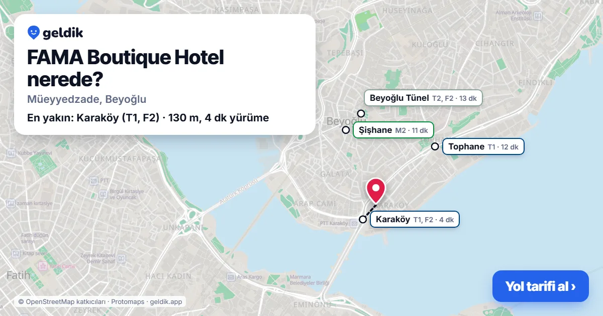 Where is FAMA Boutique Hotel: map with its location and the nearest stops, with walking times