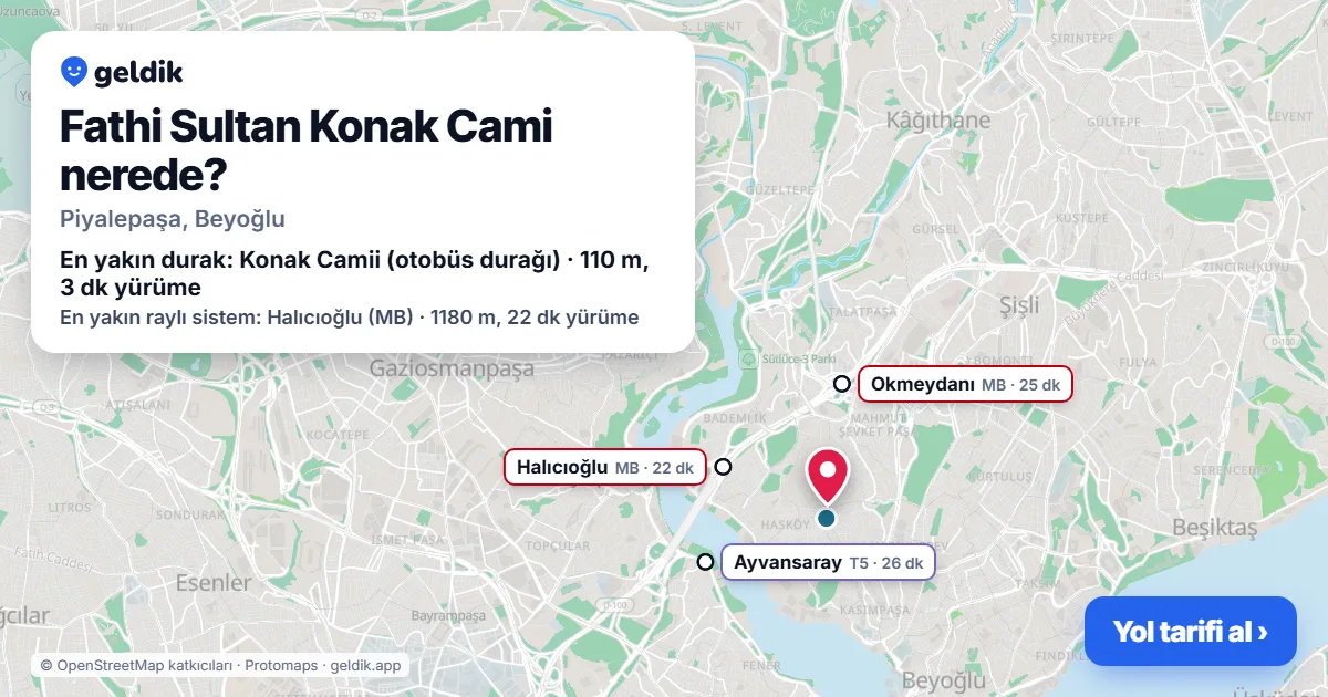 Where is Fathi Sultan Konak Cami: map with its location and the nearest stops, with walking times