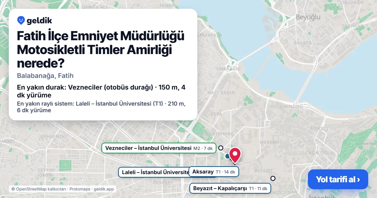 Where is Fatih İlçe Emniyet Müdürlüğü Motosikletli Timler Amirliği: map with its location and the nearest stops, with walking times