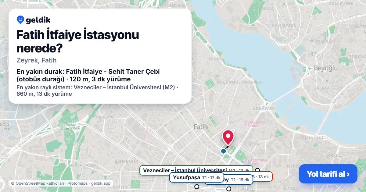 Where is Fatih İtfaiye İstasyonu: map with its location and the nearest stops, with walking times