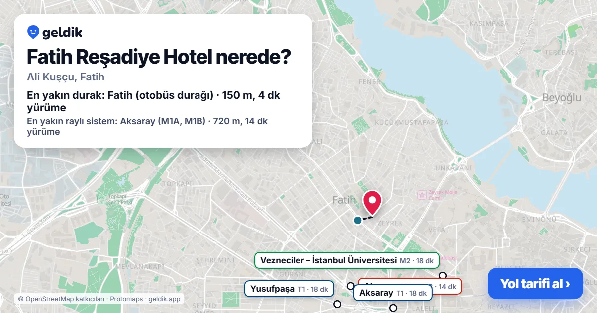 Where is Fatih Reşadiye Hotel: map with its location and the nearest stops, with walking times