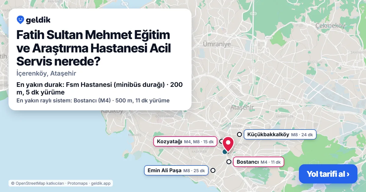 Where is Fatih Sultan Mehmet Eğitim ve Araştırma Hastanesi Acil Servis: map with its location and the nearest stops, with walking times