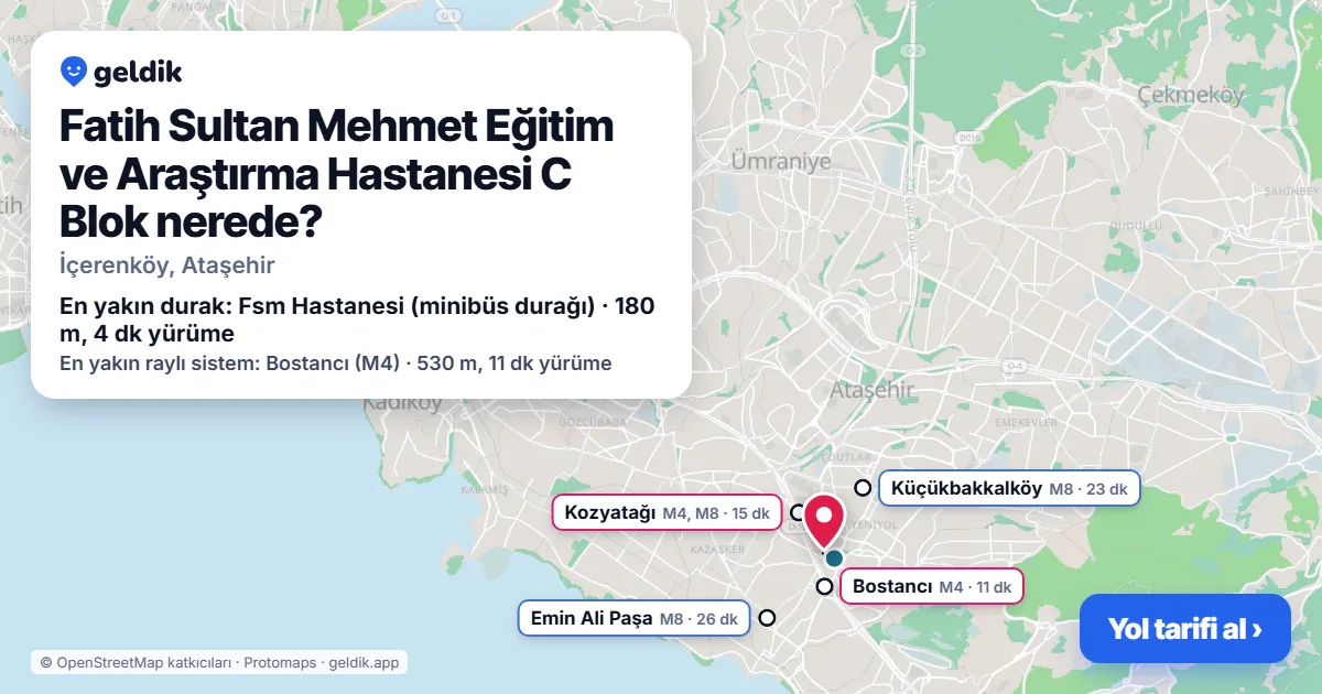 Where is Fatih Sultan Mehmet Eğitim ve Araştırma Hastanesi C Blok: map with its location and the nearest stops, with walking times