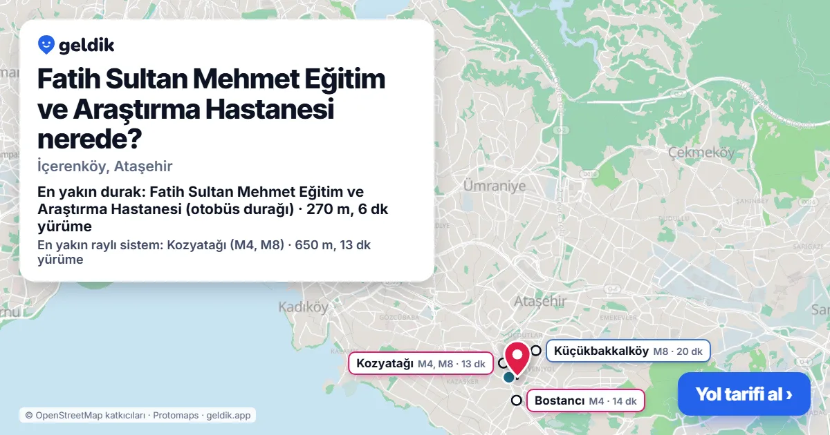 Where is Fatih Sultan Mehmet Training and Research Hospital: map with its location and the nearest stops, with walking times