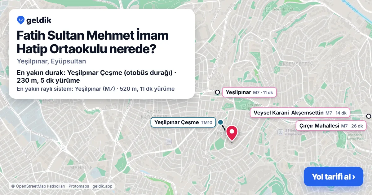 Fatih Sultan Mehmet İmam Hatip Ortaokulu nerede: haritada konumu ve en yakın duraklar, yürüme süreleriyle