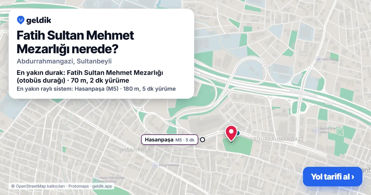 Fatih Sultan Mehmet Mezarlığı nerede: haritada konumu ve en yakın duraklar, yürüme süreleriyle