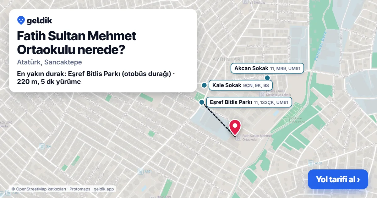 Where is Fatih Sultan Mehmet Ortaokulu: map with its location and the nearest stops, with walking times