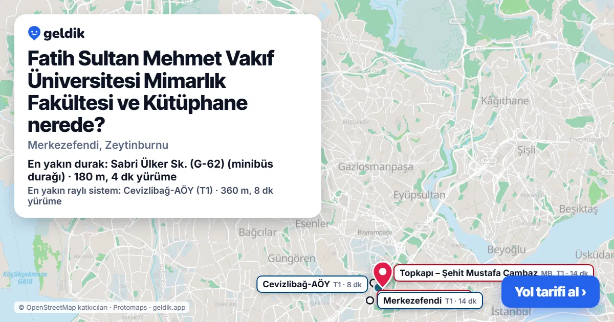 Where is Fatih Sultan Mehmet Vakıf Üniversitesi Mimarlık Fakültesi ve Kütüphane: map with its location and the nearest stops, with walking times
