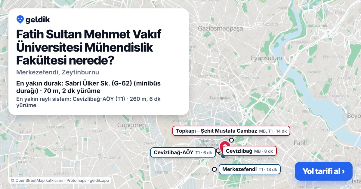 Fatih Sultan Mehmet Vakıf Üniversitesi Mühendislik Fakültesi nerede: haritada konumu ve en yakın duraklar, yürüme süreleriyle