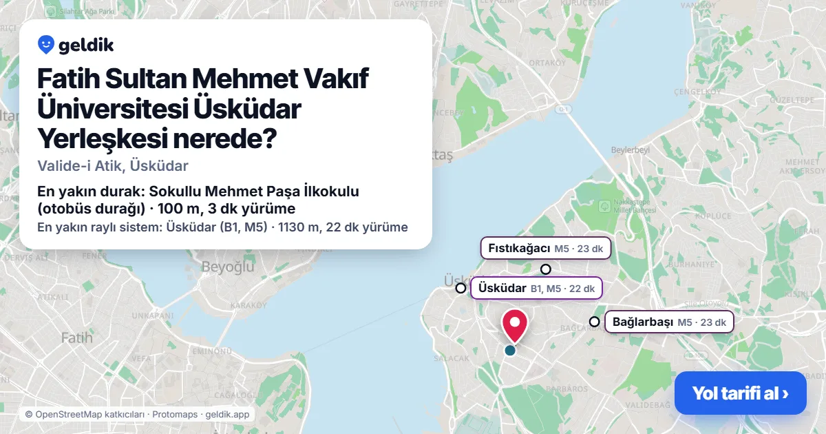 Fatih Sultan Mehmet Vakıf Üniversitesi Üsküdar Yerleşkesi nerede: haritada konumu ve en yakın duraklar, yürüme süreleriyle
