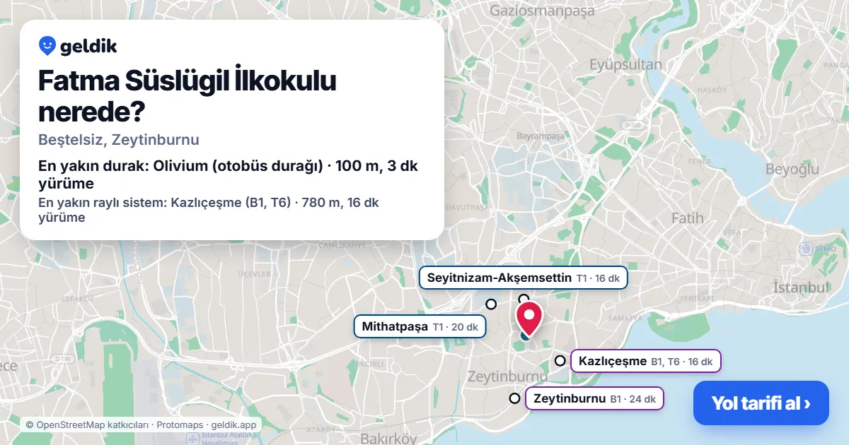Where is Fatma Süslügil İlkokulu: map with its location and the nearest stops, with walking times