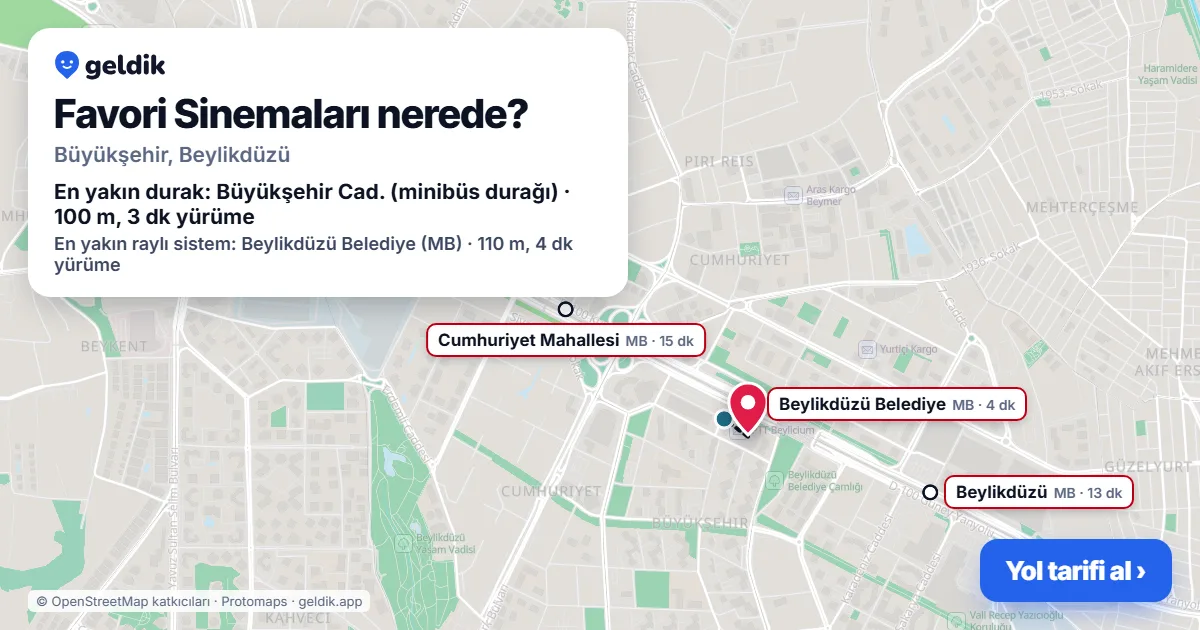 Favori Sinemaları nerede: haritada konumu ve en yakın duraklar, yürüme süreleriyle