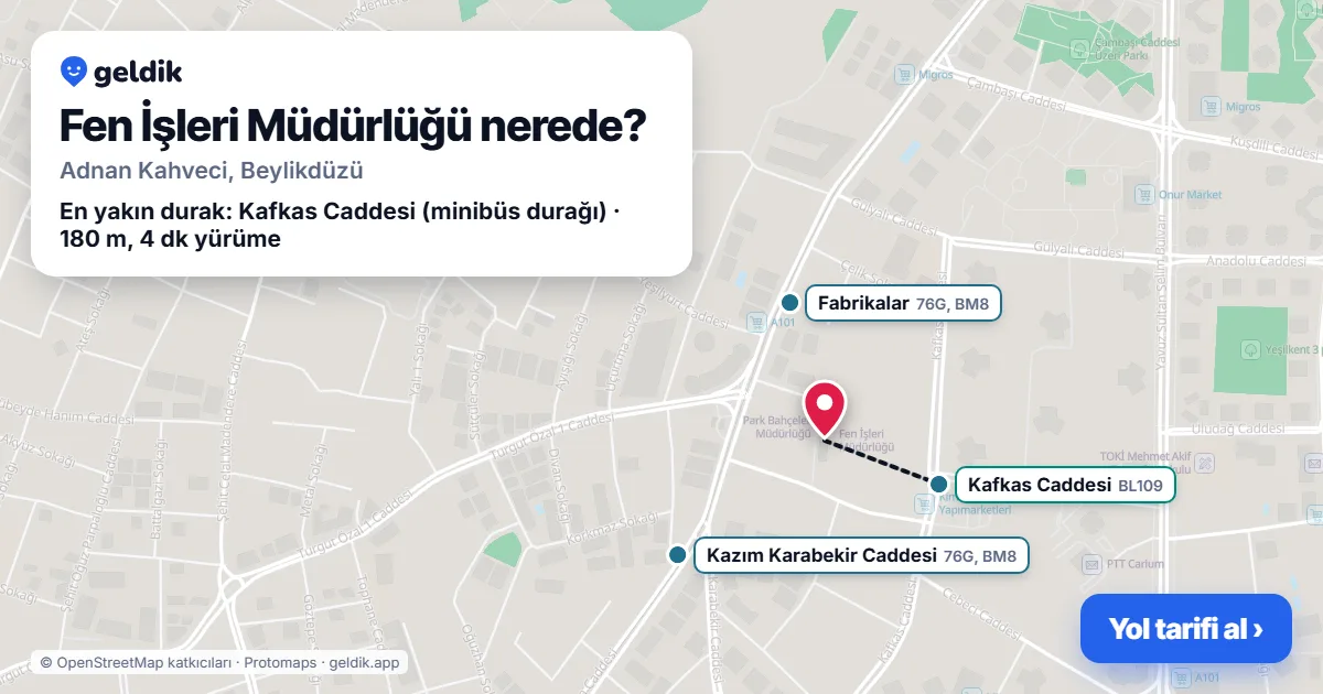 Where is Fen İşleri Müdürlüğü: map with its location and the nearest stops, with walking times