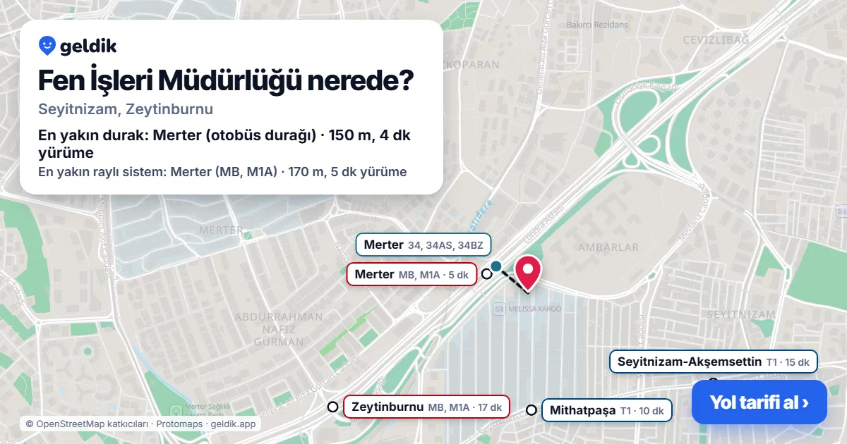 Where is Fen İşleri Müdürlüğü: map with its location and the nearest stops, with walking times