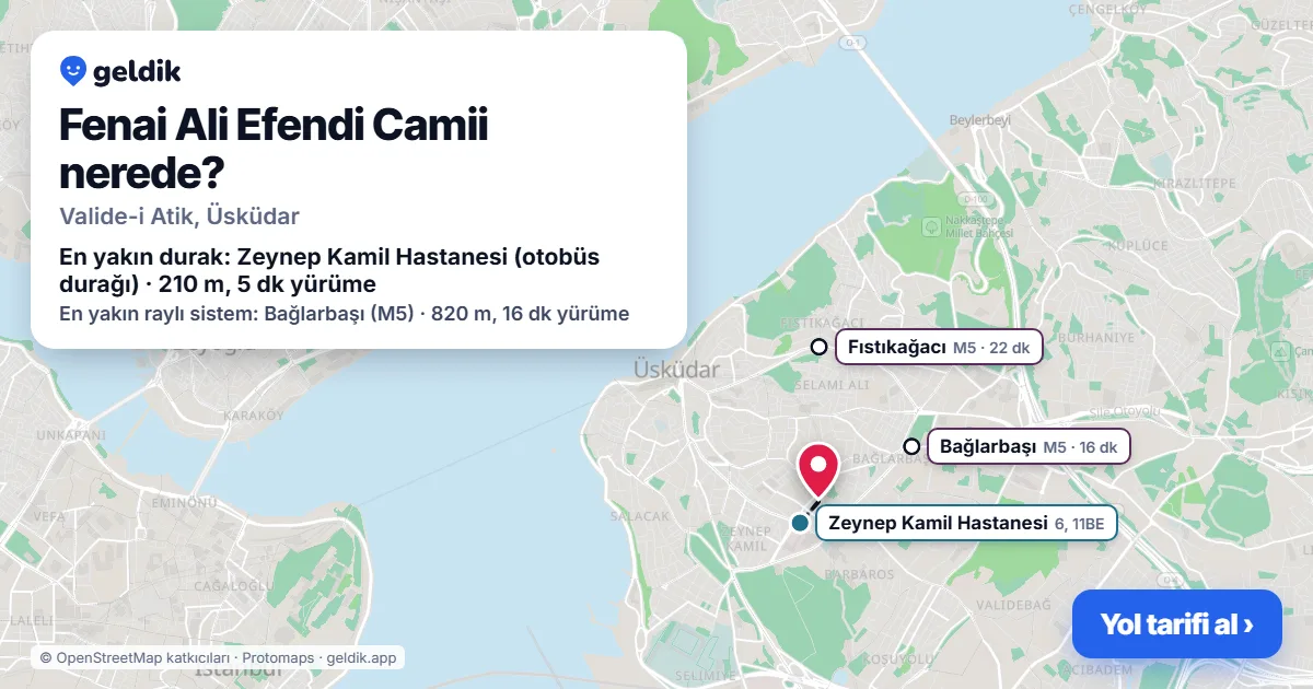 Fenai Ali Efendi Camii nerede: haritada konumu ve en yakın duraklar, yürüme süreleriyle