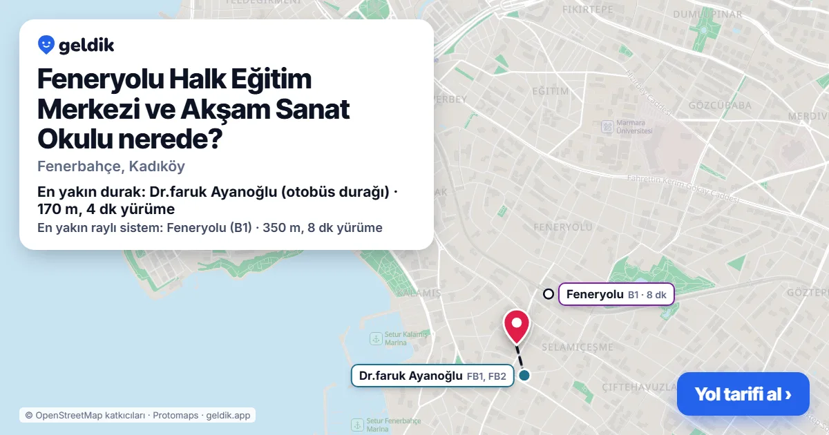 Where is Feneryolu Halk Eğitim Merkezi ve Akşam Sanat Okulu: map with its location and the nearest stops, with walking times