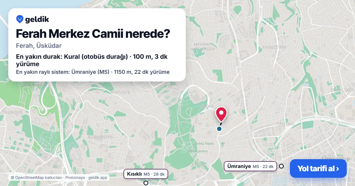 Where is Ferah Merkez Camii: map with its location and the nearest stops, with walking times