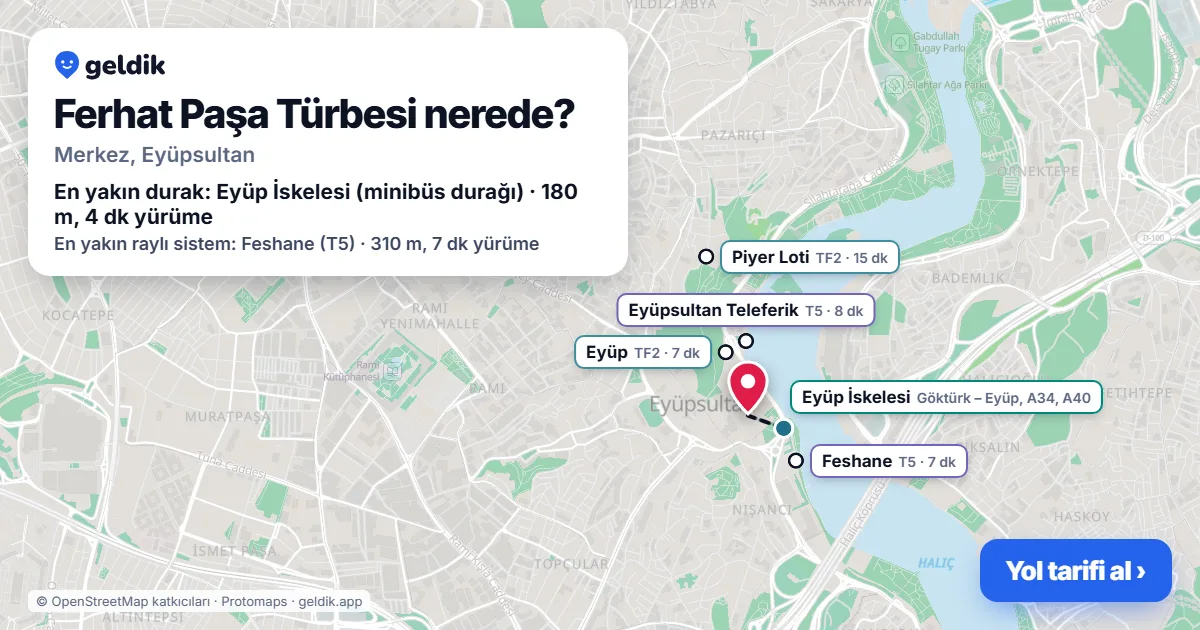Where is Ferhat Paşa Türbesi: map with its location and the nearest stops, with walking times