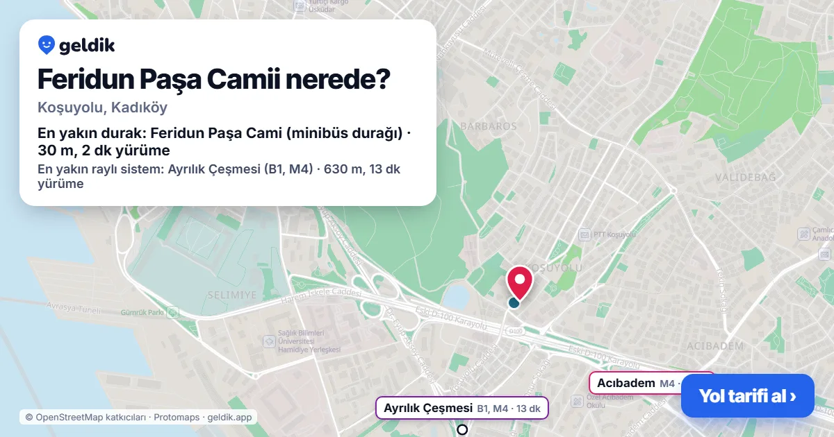 Feridun Paşa Camii nerede: haritada konumu ve en yakın duraklar, yürüme süreleriyle