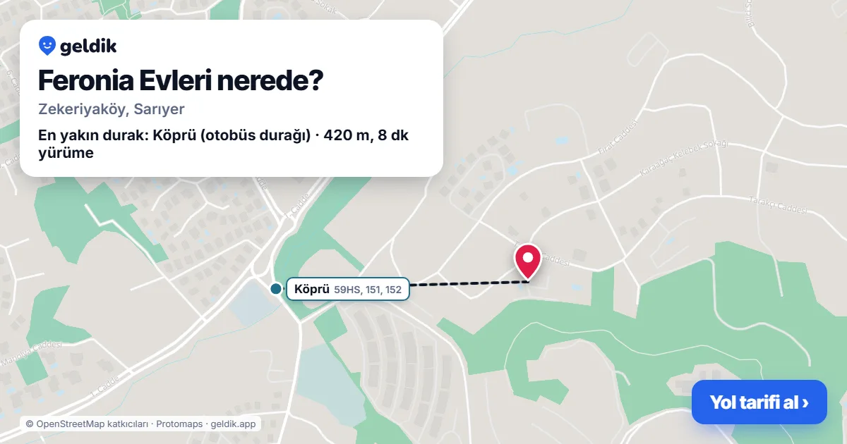 Where is Feronia Evleri: map with its location and the nearest stops, with walking times