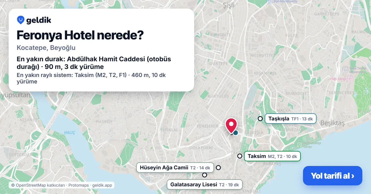 Where is Feronya Hotel: map with its location and the nearest stops, with walking times