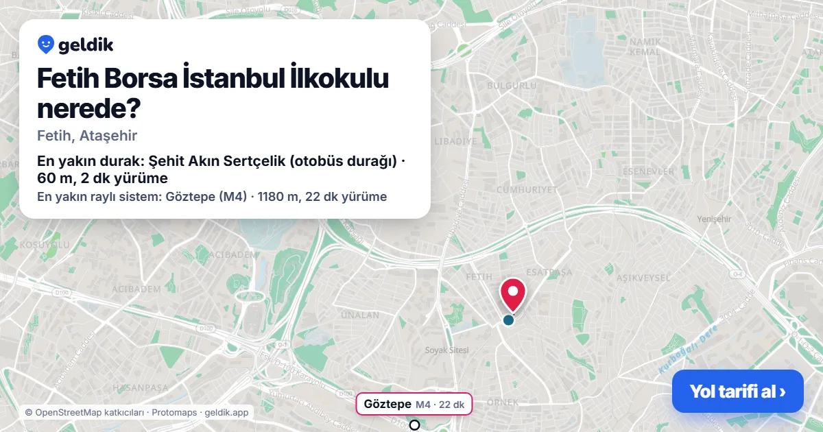 Fetih Borsa İstanbul İlkokulu nerede: haritada konumu ve en yakın duraklar, yürüme süreleriyle