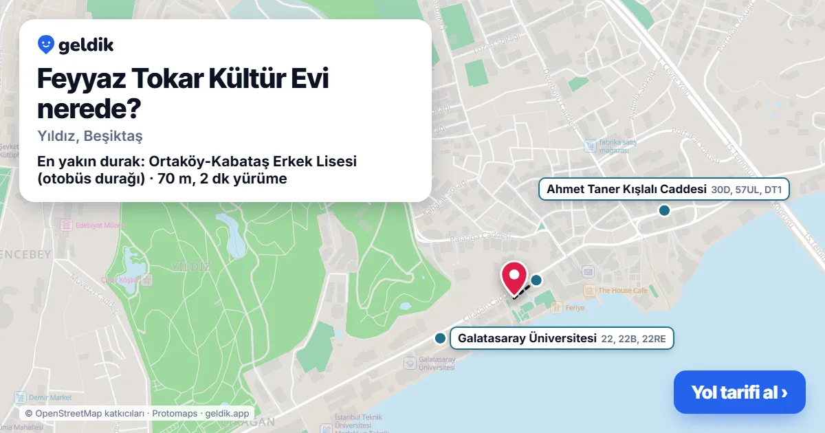 Feyyaz Tokar Kültür Evi nerede: haritada konumu ve en yakın duraklar, yürüme süreleriyle