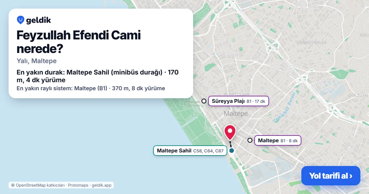 Feyzullah Efendi Cami nerede: haritada konumu ve en yakın duraklar, yürüme süreleriyle