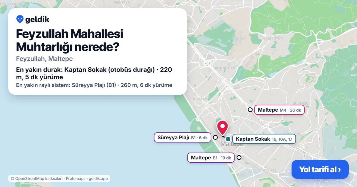 Where is Feyzullah Mahallesi Muhtarlığı: map with its location and the nearest stops, with walking times