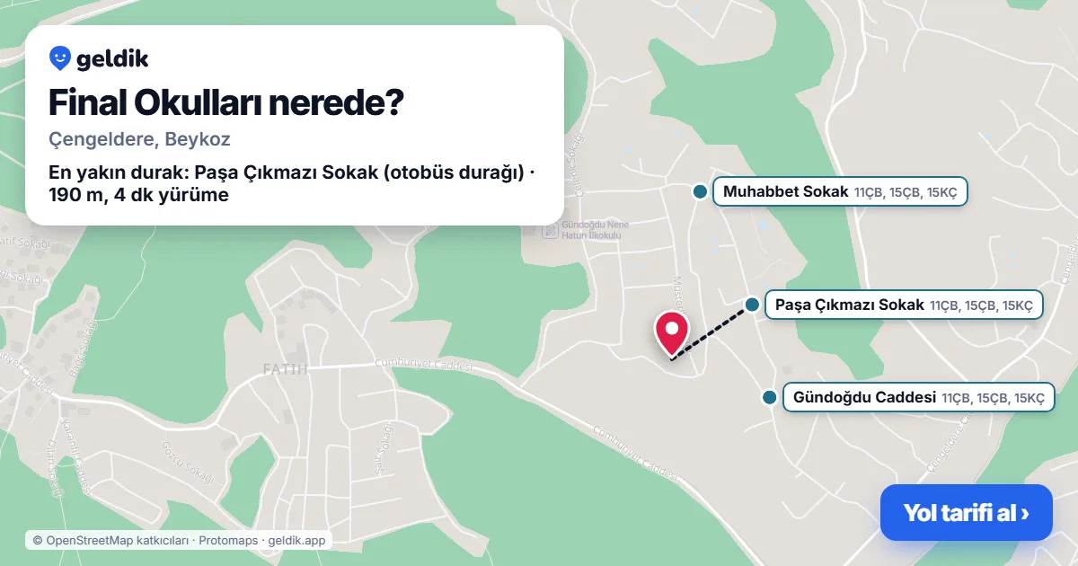 Final Okulları nerede: haritada konumu ve en yakın duraklar, yürüme süreleriyle