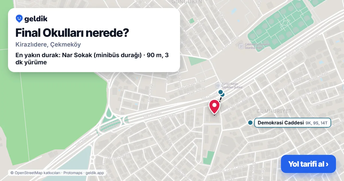 Final Okulları nerede: haritada konumu ve en yakın duraklar, yürüme süreleriyle