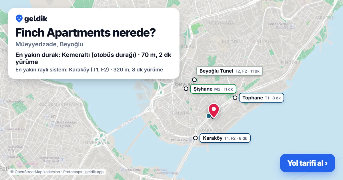Finch Apartments nerede: haritada konumu ve en yakın duraklar, yürüme süreleriyle