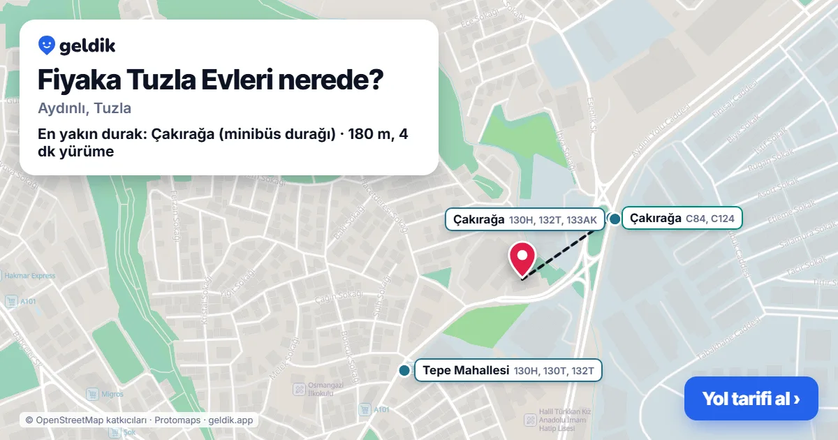 Fiyaka Tuzla Evleri nerede: haritada konumu ve en yakın duraklar, yürüme süreleriyle