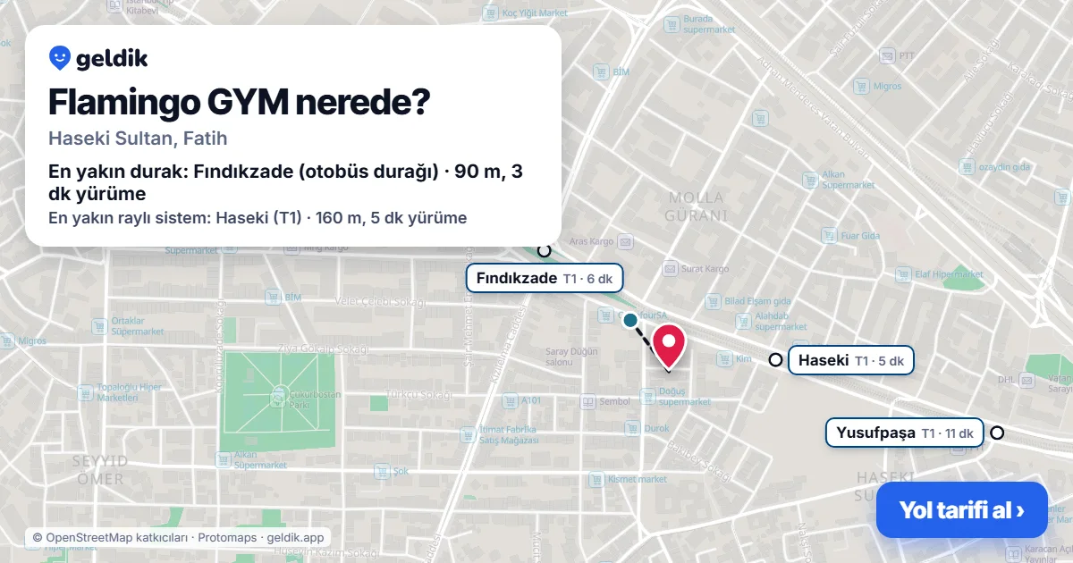 Where is Flamingo GYM: map with its location and the nearest stops, with walking times