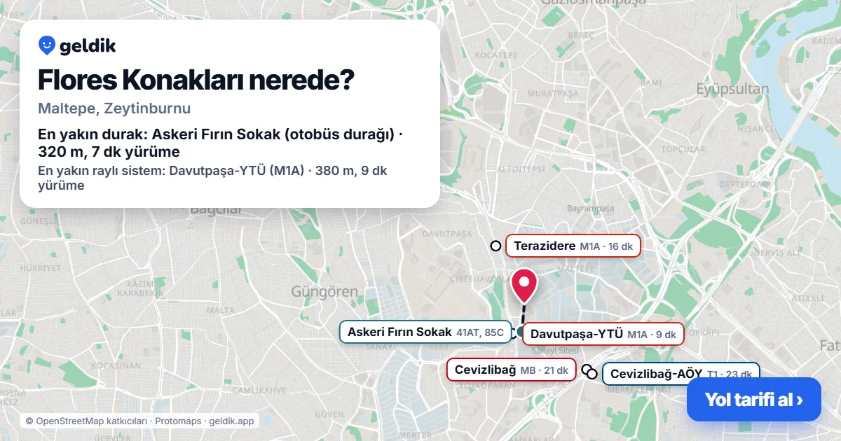 Where is Flores Konakları: map with its location and the nearest stops, with walking times