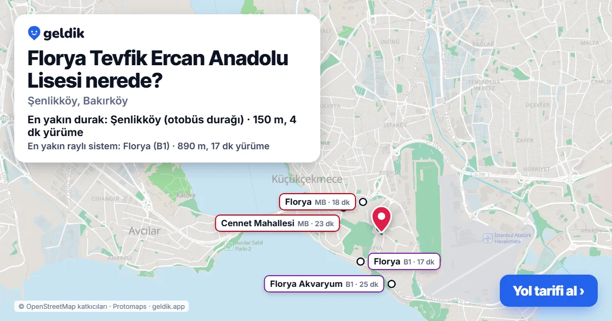 Florya Tevfik Ercan Anadolu Lisesi nerede: haritada konumu ve en yakın duraklar, yürüme süreleriyle