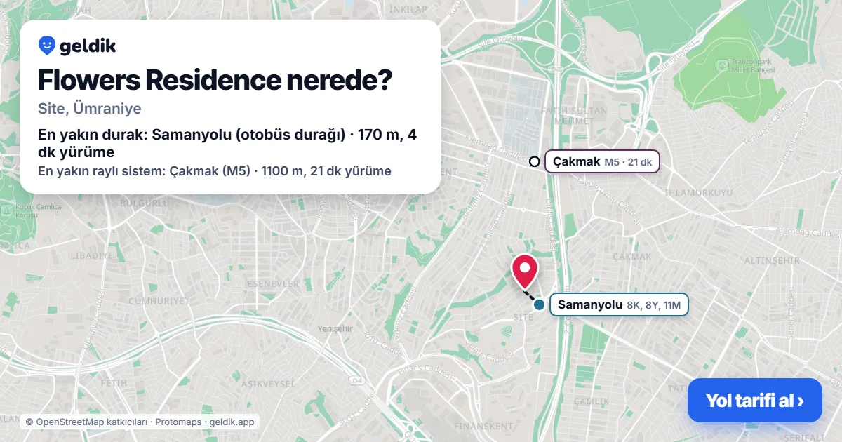 Flowers Residence nerede: haritada konumu ve en yakın duraklar, yürüme süreleriyle