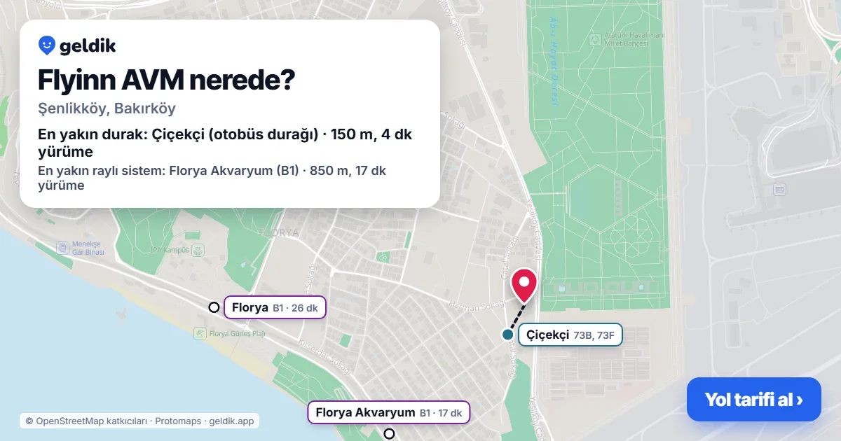 Where is Flyinn Shopping Centre: map with its location and the nearest stops, with walking times