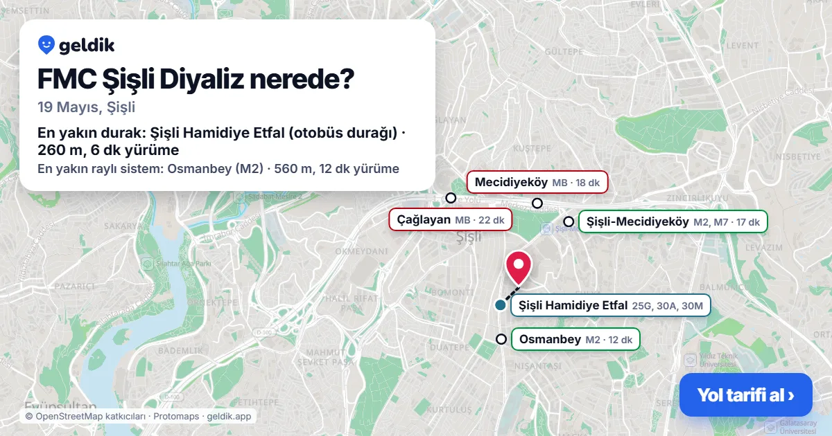 FMC Şişli Diyaliz nerede: haritada konumu ve en yakın duraklar, yürüme süreleriyle